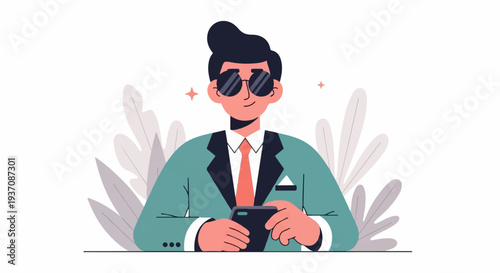Stylish man in sunglasses and suit with phone and decorative plants