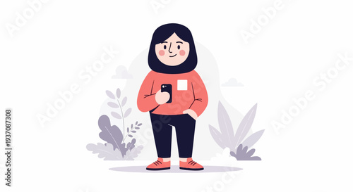Person wearing hijab and sweater, holding a phone