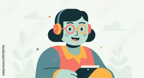 Stylized person with headphones, glasses, and tablet on a light background with plants