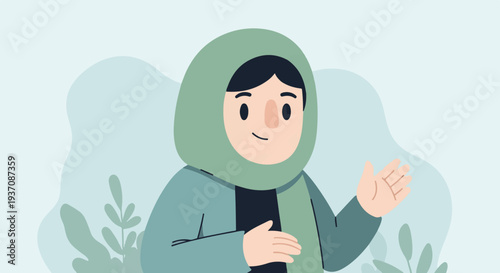 A cartoon person in a green headscarf and teal jacket waves