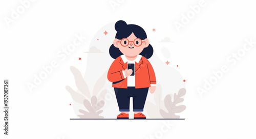 A cheerful, cartoon-style woman with glasses and dark hair, wearing an orange blazer and navy pants, holds a smartphone