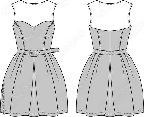 MobileFashion Technical Sketch of Women Sleeveless Party Dress Featuring Sweetheart Neckline Sheer Mesh Yoke Belted Waist and Pleated Skirt Vector Illustration Design Template (24 words)