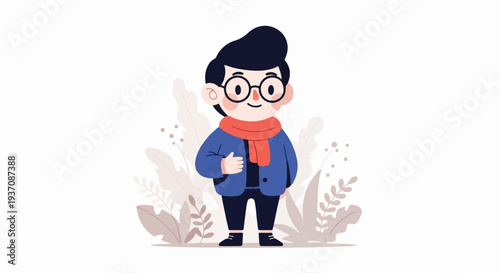 A cute cartoon boy with glasses and a scarf stands among abstract plants