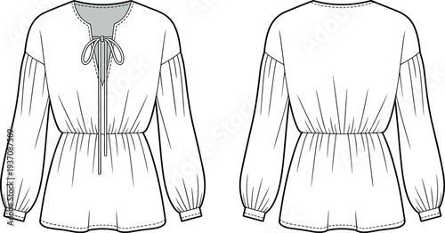 MobileTechnical fashion flat sketch of a women's utility safari mini dress featuring a notched collar chest pockets and belted waist for tech packs