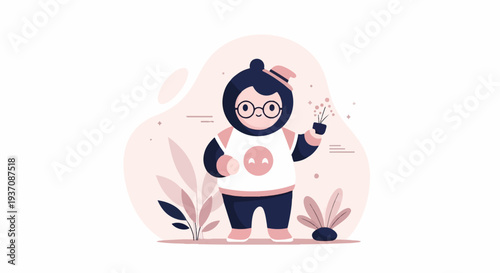 Cheerful character with a flower pot and festive sparks