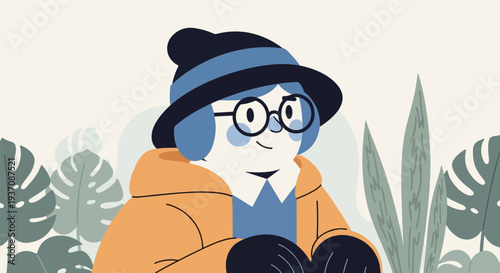 A smiling figure in a hat and coat is framed by lush green foliage