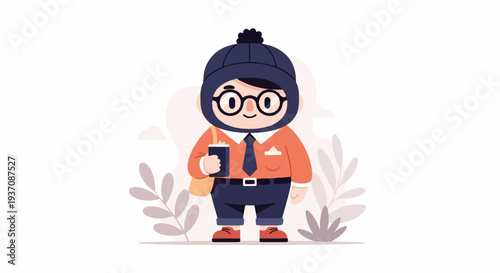 A cute, cartoon character in a beanie and glasses, carrying a bag and book