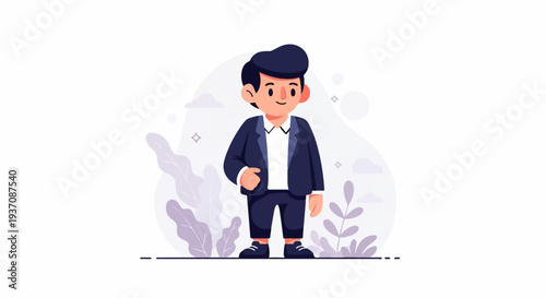 A stylized cartoon man in a suit stands smiling against a minimalist background with plants and clouds