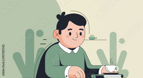 Flat illustration of a person with a cup of coffee and a book