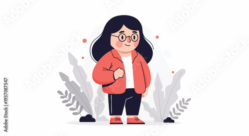 Cartoon of a person in a red jacket, glasses, dark hair, and black pants