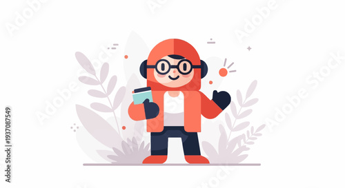 Cheerful character in orange hood, glasses, and mittens holding a phone amidst soft floral background