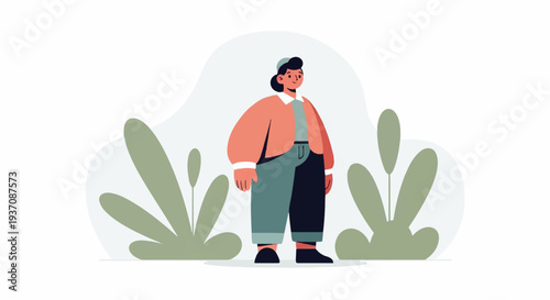 Stylized person in vibrant outfit stands amidst abstract foliage