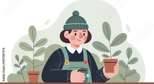 Person in beanie and overalls tending to potted plants with a simple, flat art style