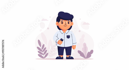 Cartoon character in glasses and collared shirt holding a rolled document, standing amidst floral elements