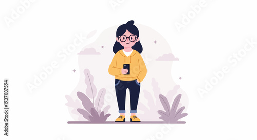 Young person in yellow hoodie and glasses holds phone, surrounded by minimalist plants