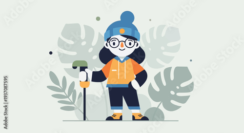 Cheerful character in winter attire, holding a hiking stick, surrounded by lush foliage