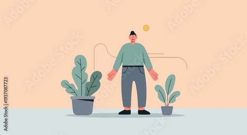 Minimalist illustration of a person standing between two potted plants under a yellow sun