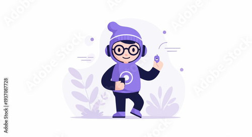 A cartoon character with headphones and glasses holds a phone