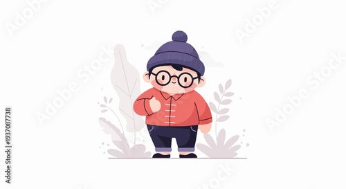 A cartoon boy in glasses and a beanie stands in a stylized natural setting