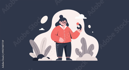 A person in a red jacket and dark pants examines a small object