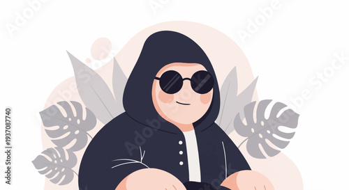 A cartoon figure in a hoodie and sunglasses sits with stylized plants in the background