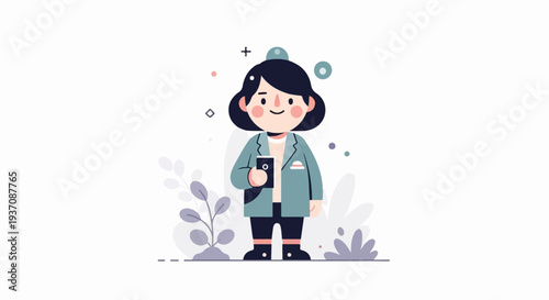 A stylized cartoon person stands amidst abstract flora, holding a device