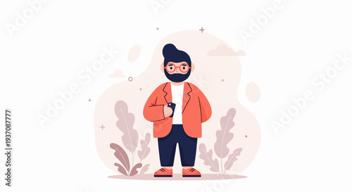 A stylishly dressed man with glasses and a beard holds a smartphone