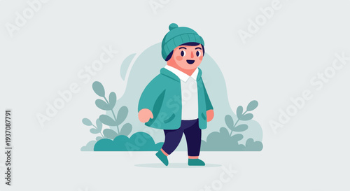 A cheerful person in a teal hat and jacket walks amidst abstract greenery