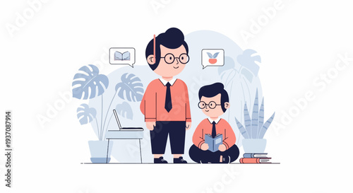 Two stylized figures, one standing and one sitting, surrounded by plants, with a laptop and books