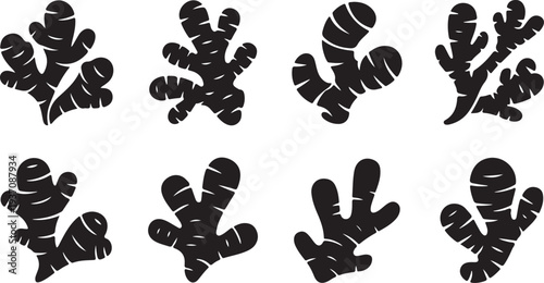 Eight black silhouettes of ginger root shapes on white background