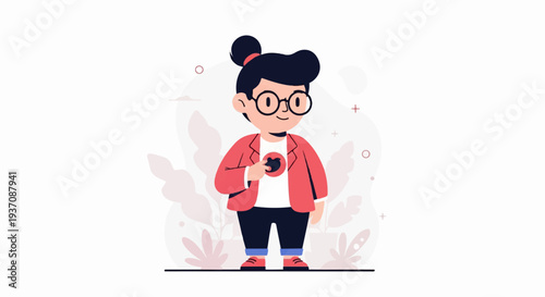 A stylized cartoon person with dark hair in a bun, round glasses, red jacket, white shirt with a black cat emblem, and dark pants