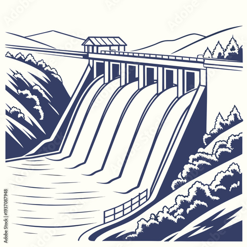 Illustration of a dam with water flowing down and a building on top