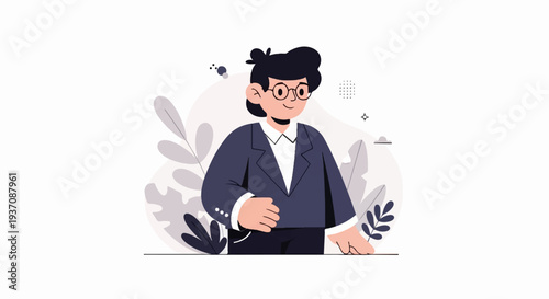 Minimalist illustration of a person in a suit, standing amidst stylized plants and abstract shapes