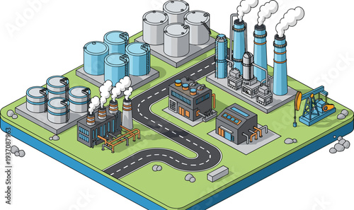 Isometric industrial oil refinery plant with fuel storage tanks, smoking factory chimneys, pump jack, processing buildings, and winding asphalt road infrastructure.