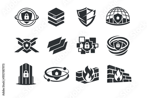 Collection of black security icons on white background illustrating various protection concepts and elements
