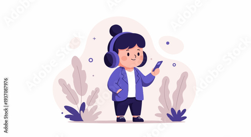 A cartoon character with headphones and a phone in a minimalist plant setting