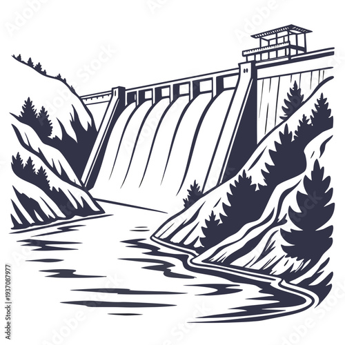 Dam with water flowing down surrounded by trees and mountains