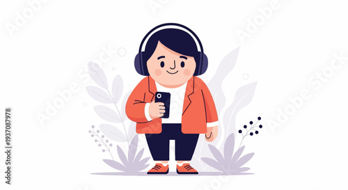 Chubby character with headphones and phone, surrounded by stylized plants and circles