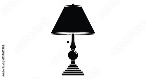 A simple black silhouette of a classic table lamp with a rounded shade and ornate base
