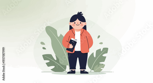 A cheerful person in a coral jacket holds a book amidst lush green foliage