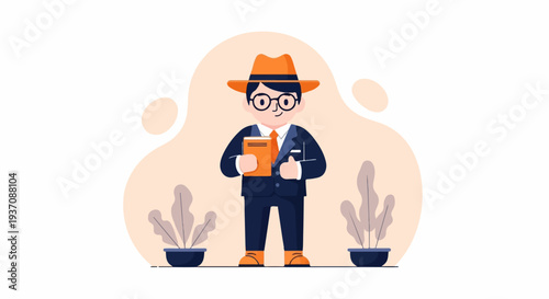 A man in a suit and hat holding a book, with plants in pots