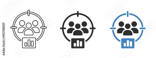 Audience analytics icon, people group symbol with bar chart and data visualization representing user behavior analysis, marketing performance metrics, audience research and business intelligence dashb