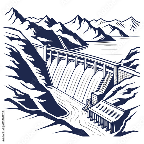 Illustration of a dam with mountains in the background