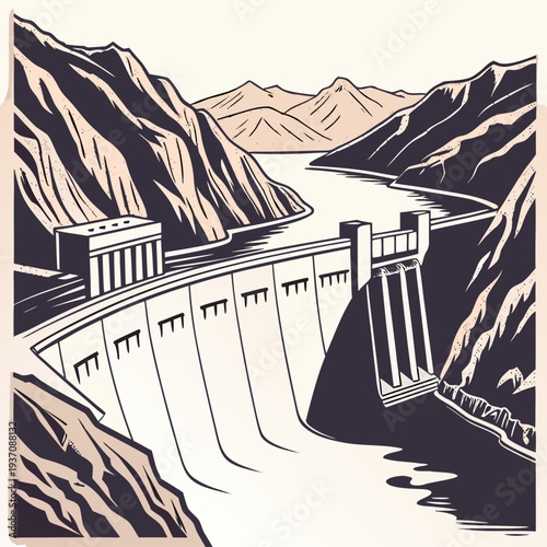 Dam with water flowing out in a mountainous landscape scene
