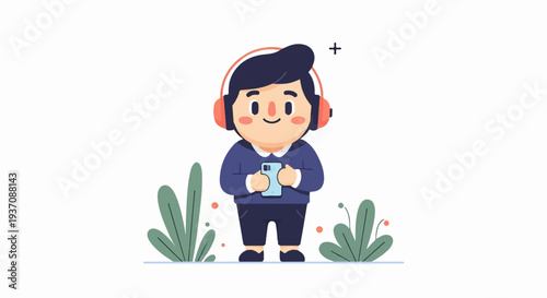 Cartoon boy with headphones and phone in a simple outdoor scene