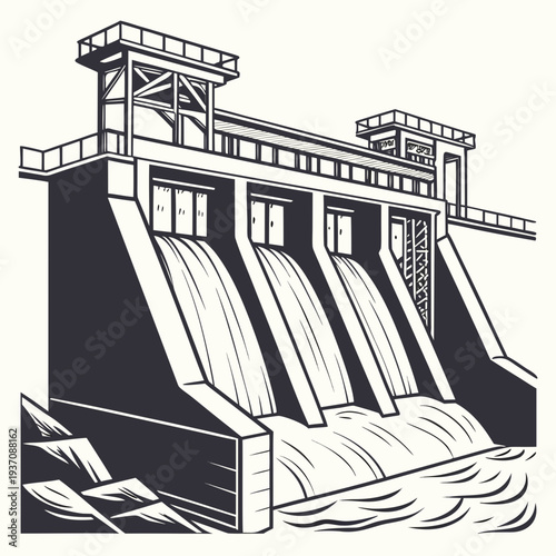 Black and white illustration of a dam with water flowing out