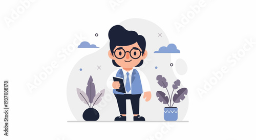 Stylized individual in office attire, holding a tablet, amidst decorative plants and abstract shapes