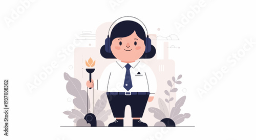 Cheerful person in formal attire holds a torch, wearing headphones, amidst abstract elements