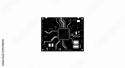 A black circuit board with a central processor and radiating pathways