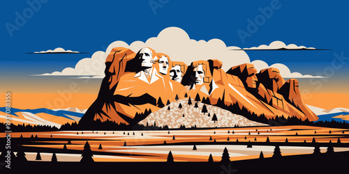 USA, US, U.S, United States - Mount Rushmore Stylized Illustration | Bold Orange‑Blue American Landmark Art | Scenic Plains Landscape Travel Poster Design
